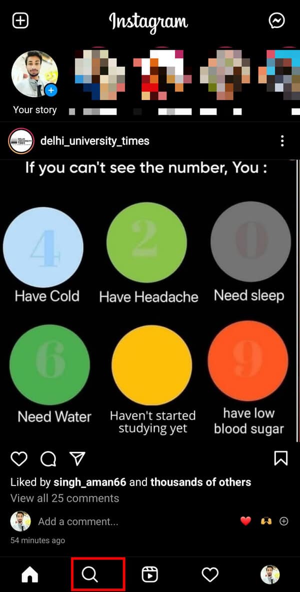 Lancez "Instagram" et tapez sur l'icône de recherche dans la barre de menu inférieure. | Comment obtenir le filtre "Où est votre âme sœur" sur Instagram