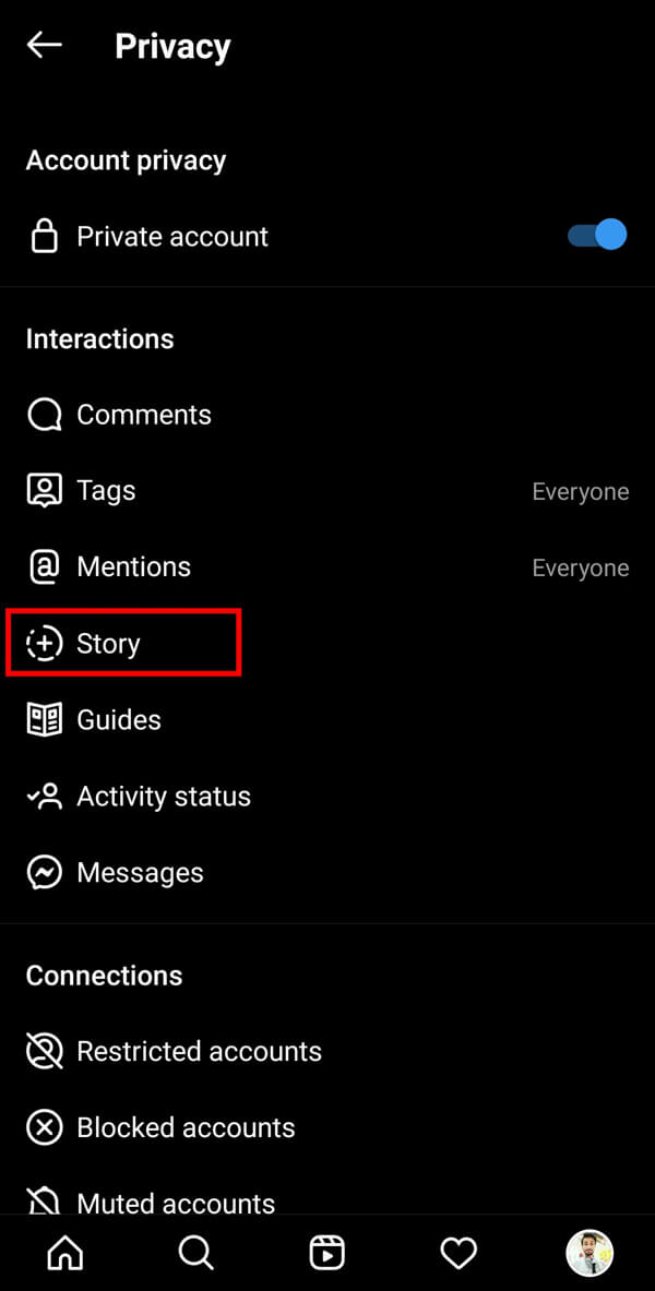 Sélectionnez l'option Histoire sous la section Interactions. | Comment obtenir le filtre "Où est votre âme sœur" sur Instagram