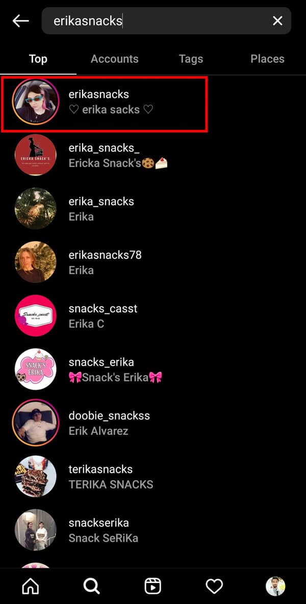 Tapez erikasnacks dans la barre de recherche et ouvrez le profil supérieur de "erika sacks". | Comment obtenir le filtre "Où est votre âme sœur" sur Instagram