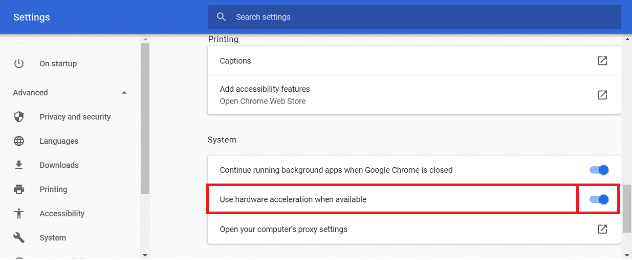 Sullo schermo sarà disponibile anche un'opzione Sistema. Disattiva l'opzione Usa accelerazione hardware dal menu Sistema.