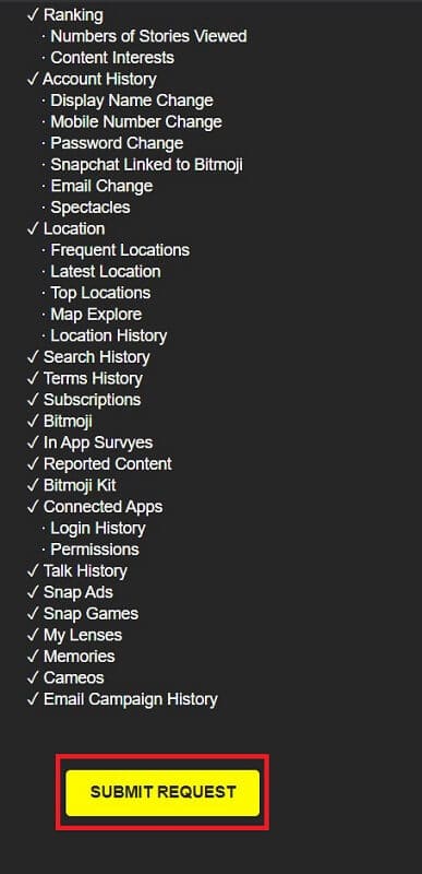 Faites défiler jusqu'à la fin de la page et appuyez sur "Soumettre la demande". | Que signifie en attente sur Snapchat