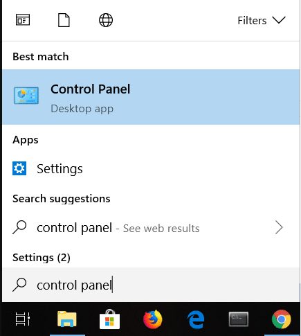 Haga clic en el ícono Buscar en la esquina inferior izquierda de la pantalla y luego escriba panel de control. Haga clic en él para abrir.