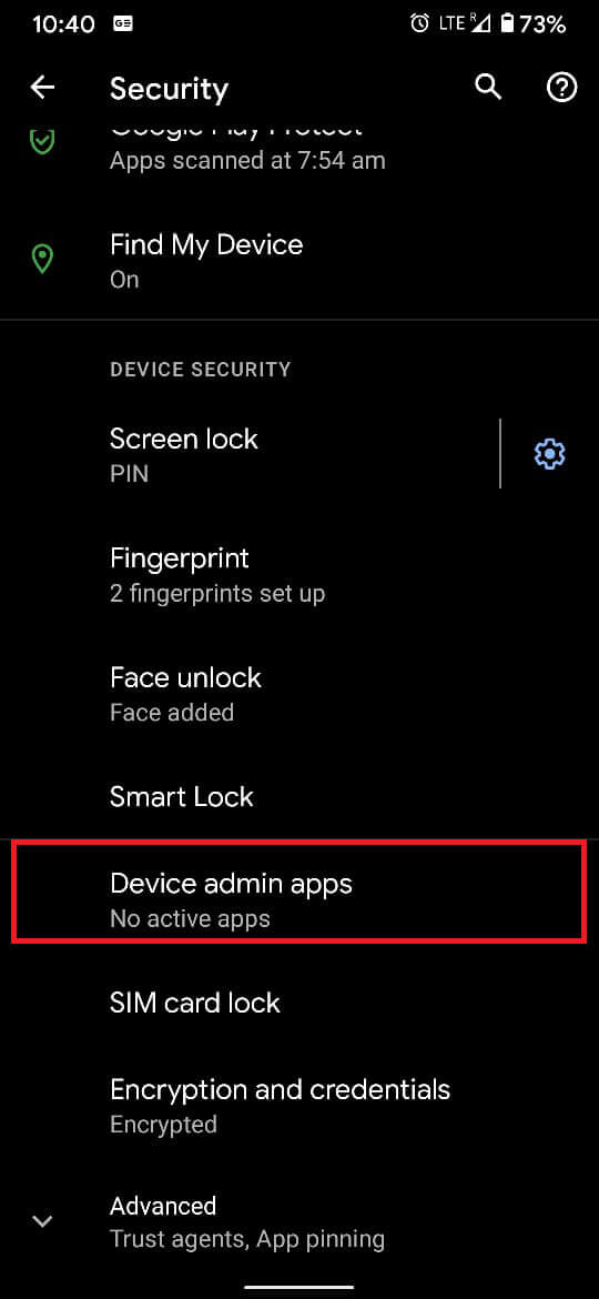 Dans le panneau "Sécurité", appuyez sur "Applications d'administration de l'appareil".