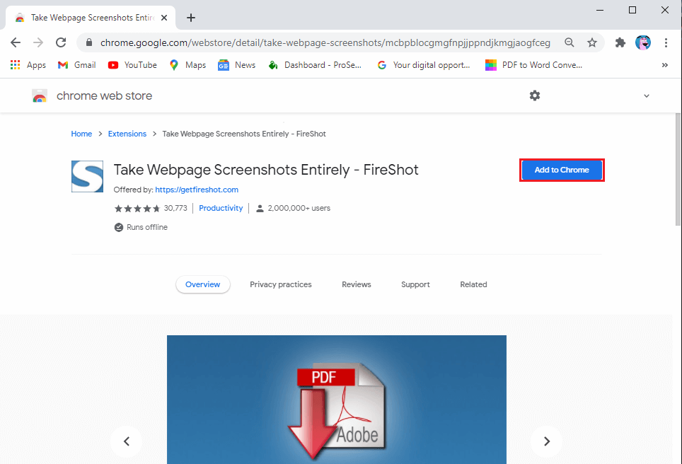 Selectați „faceți capturi de ecran de pagini web în întregime – Fireshot” din rezultatele căutării și faceți clic pe Adăugați în Chrome.