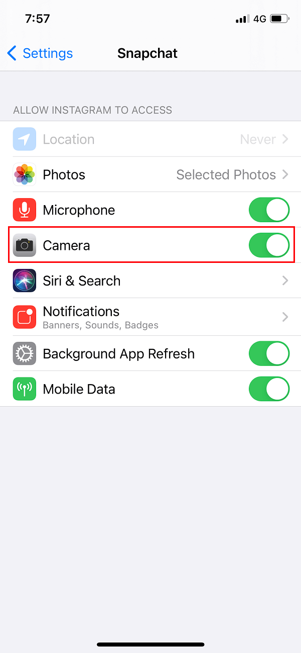 Assurez-vous que l'accès à la caméra est activé pour Snapchat