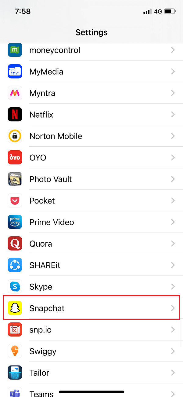 Appuyez sur l'icône Paramètres et sélectionnez Snapchat dans la liste.