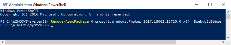Удалите приложение Photo с помощью команды Powershell