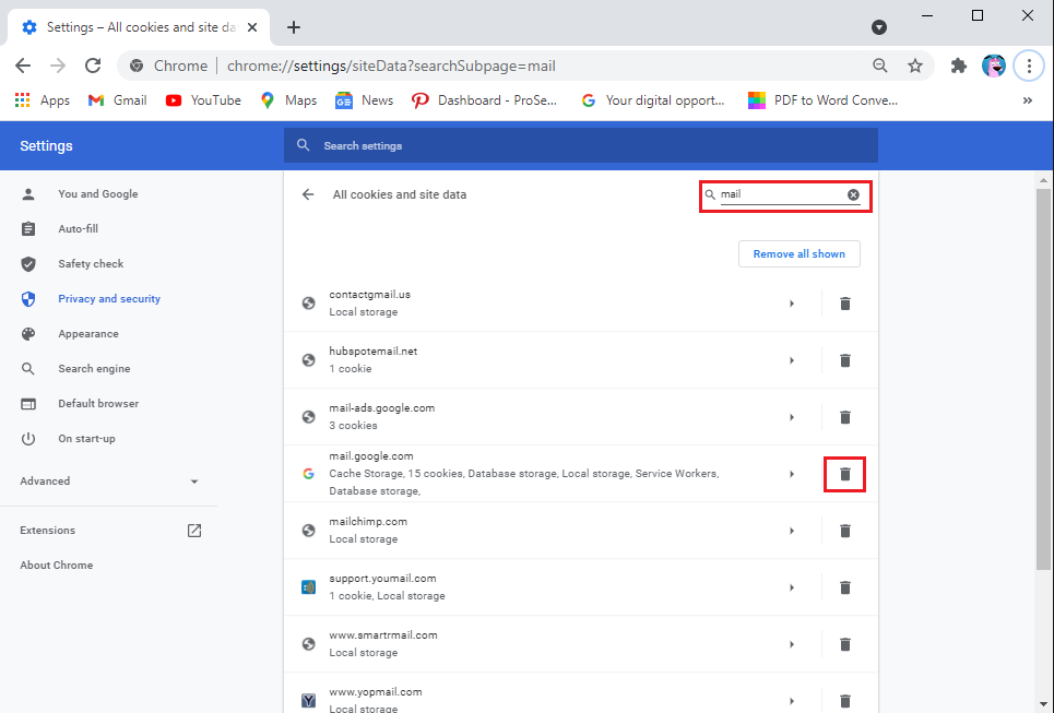 Klik ikon tempat sampah di sebelah mail.google.com