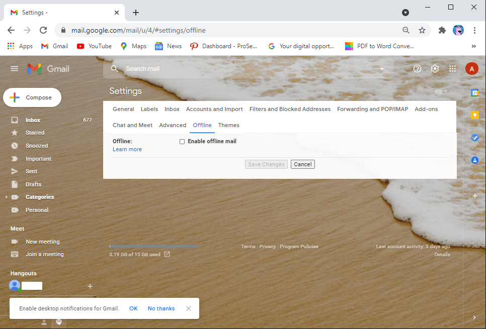 Hapus centang pada kotak di sebelah opsi aktifkan mode offline dan klik simpan perubahan
