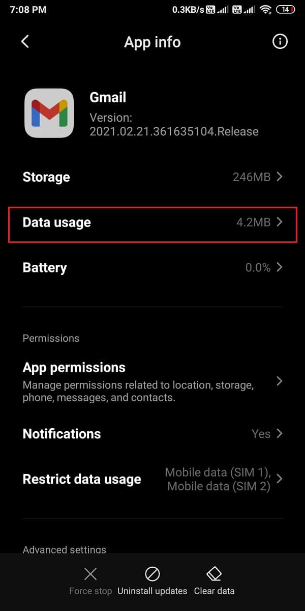 Klik penggunaan data atau data seluler | Perbaiki email yang macet di kotak keluar Gmail
