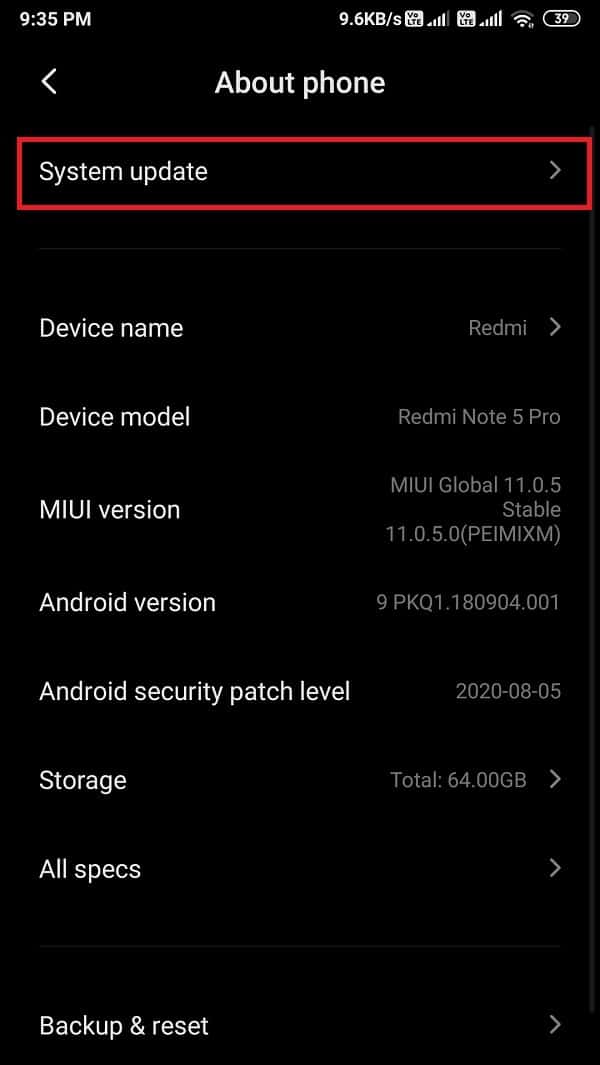 Cliquez sur mise à jour du système