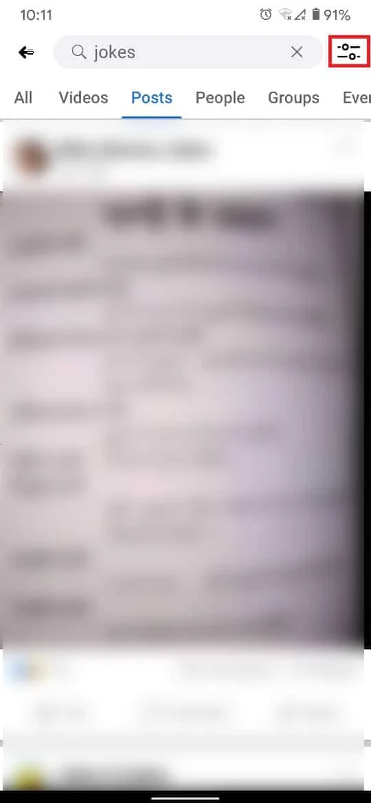 Appuyez sur l'icône de filtre dans le coin supérieur droit de l'écran | Comment faire une recherche avancée sur Facebook