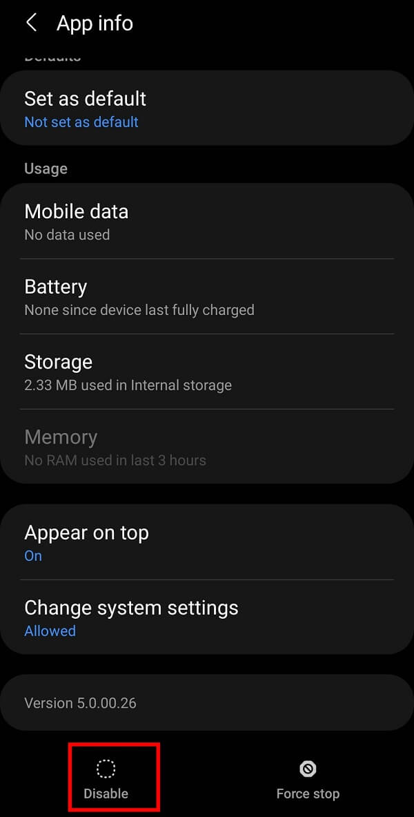Enfin, appuyez sur le bouton Désactiver pour empêcher cette application de fonctionner et la forcer à cesser de fonctionner en arrière-plan.