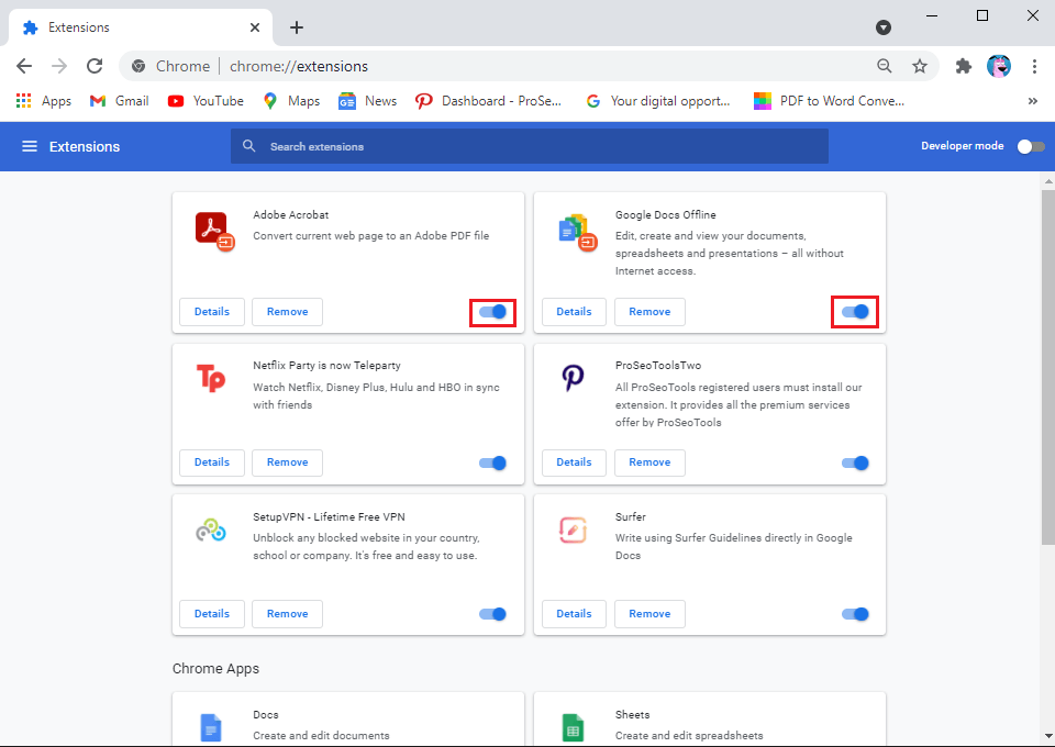 現在，您將在屏幕上看到所有擴展程序，在這裡您可以關閉每個擴展程序旁邊的切換以禁用它們。