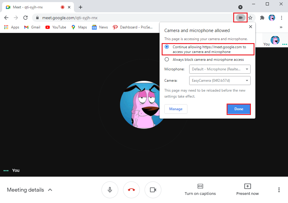單擊屏幕右上角的相機圖標，並確保您授予 Google Meet 訪問您的相機和麥克風的權限。