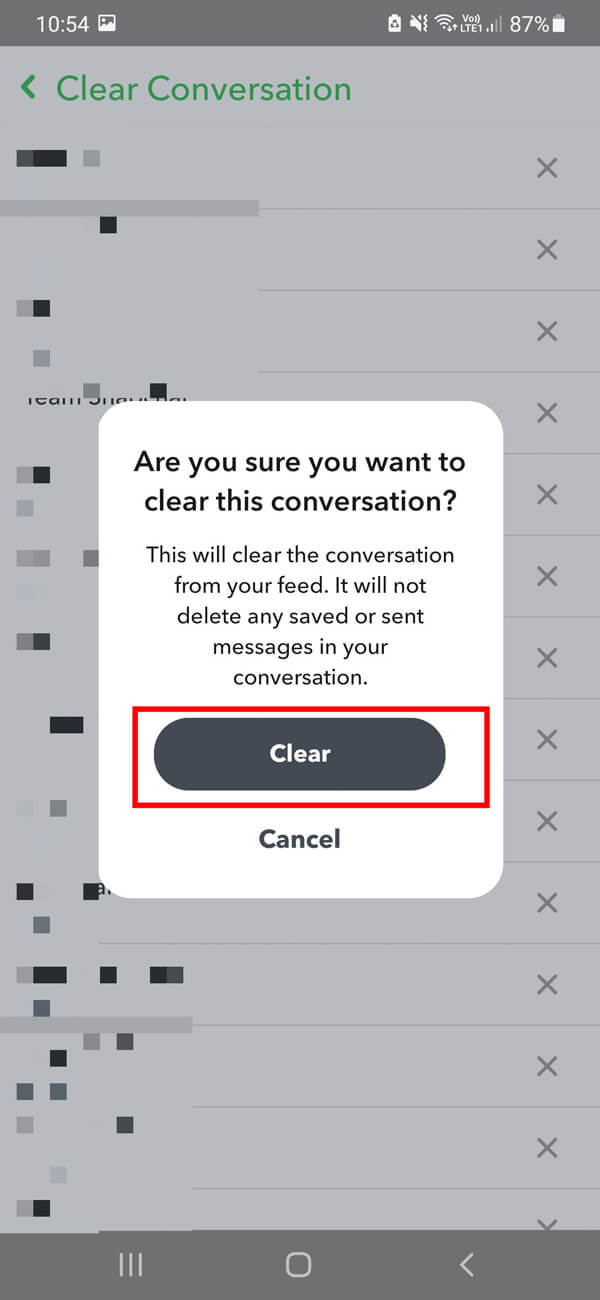 Enfin, appuyez sur le bouton Effacer pour supprimer toute la conversation de vos discussions.