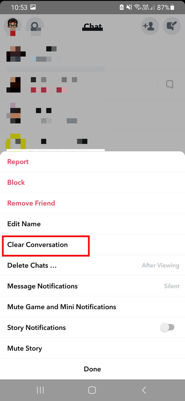 Sur l'écran suivant, vous devez appuyer sur l'option Effacer la conversation | Comment supprimer des messages sur Snapchat