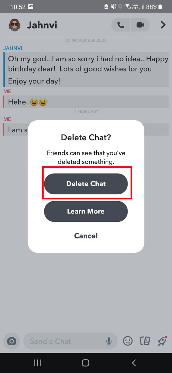 Enfin, appuyez sur l'option Supprimer le chat pour supprimer le message particulier. | Comment supprimer des messages sur Snapchat