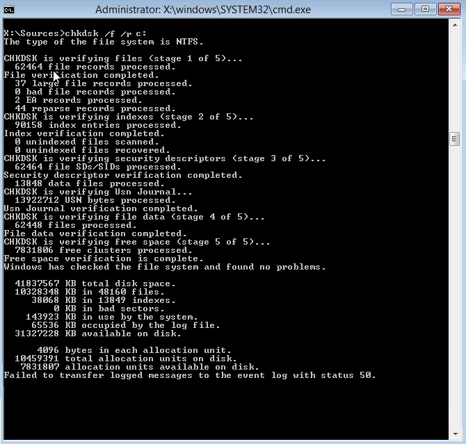 verificați folosirea discului chkdsk /f /r C: