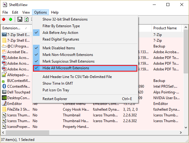 ShellExView에서 모든 Microsoft 확장 숨기기를 클릭하십시오.