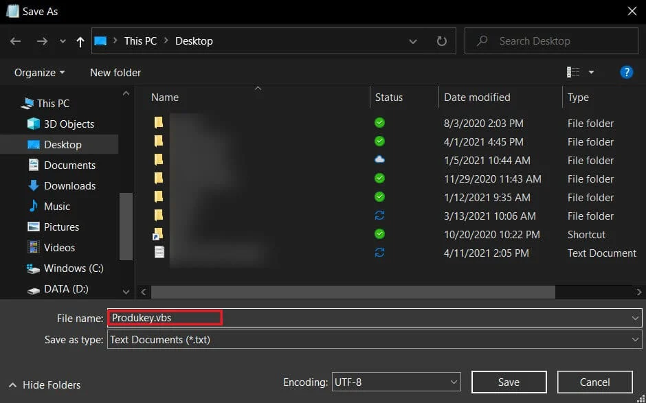 Simpan file dengan nama berikut:vbs | Temukan Kunci Produk Windows 10 Anda
