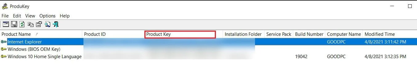 Perangkat lunak akan menampilkan kunci produk yang terkait dengan Windows 10 Anda