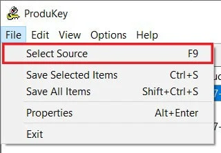 Di sudut kiri atas klik 'File' dan kemudian klik Pilih Sumber | Temukan Kunci Produk Windows 10 Anda