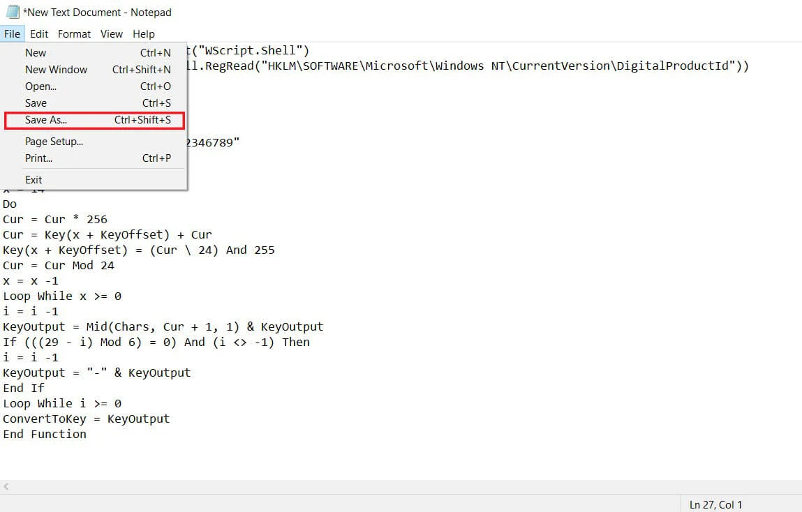 Di sudut kiri atas dokumen TXT klik 'File' dan kemudian klik 'Save as.'