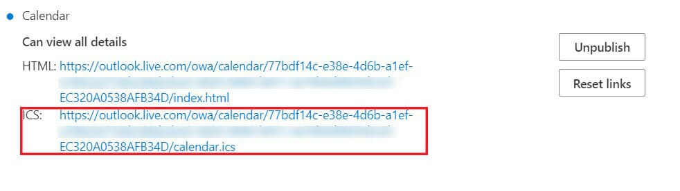 Скопируйте созданную ссылку ICS.