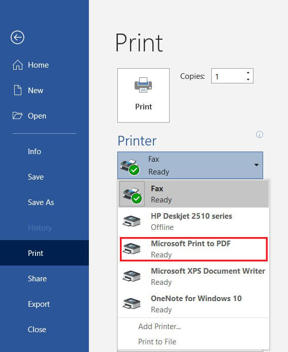 Sélectionnez Microsoft Print to PDF | Comment imprimer lorsque vous n'avez pas d'imprimante