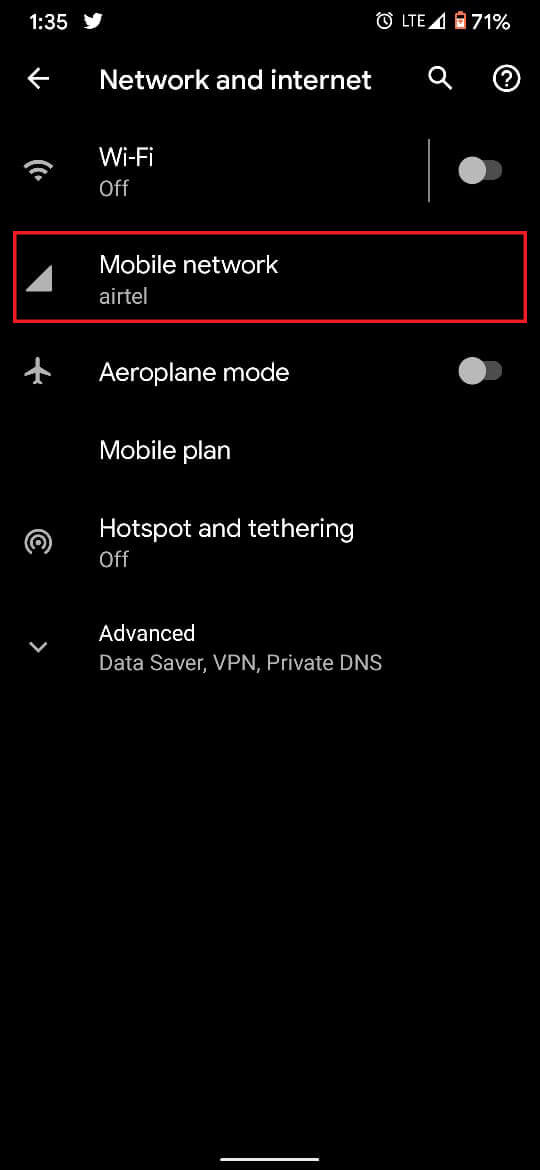 Sous Réseau et Internet, appuyez sur Réseau mobile | Correction du réseau cellulaire non disponible pour les appels téléphoniques