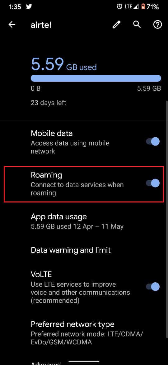 Activer le réseau itinérant