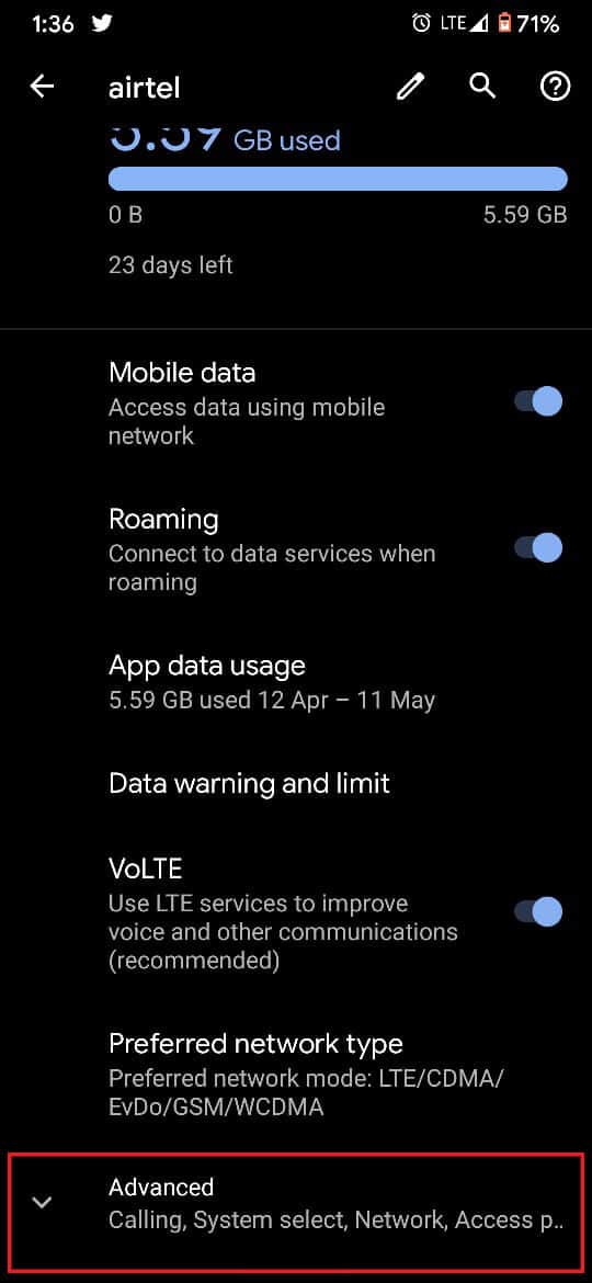 Dans Paramètres du réseau mobile, cliquez sur Avancé | Correction du réseau cellulaire non disponible pour les appels téléphoniques
