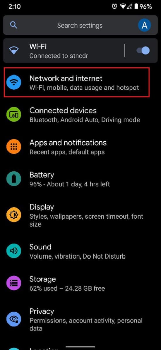 Ouvrez les paramètres et appuyez sur Réseau et Internet