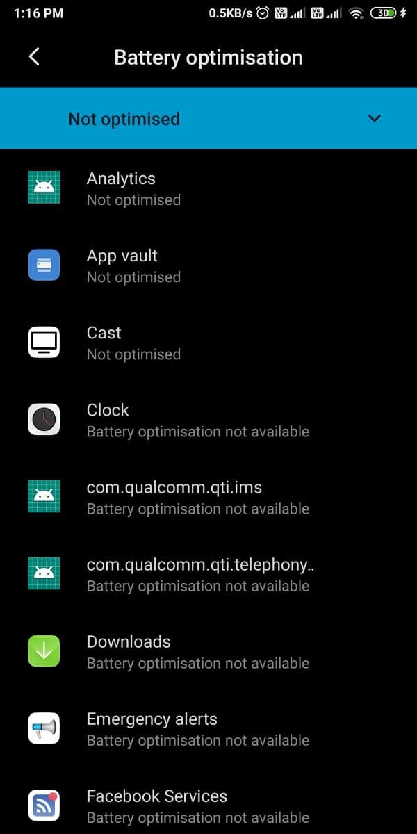 Maintenant, vous pouvez afficher la liste de toutes les applications qui ne sont pas optimisées.