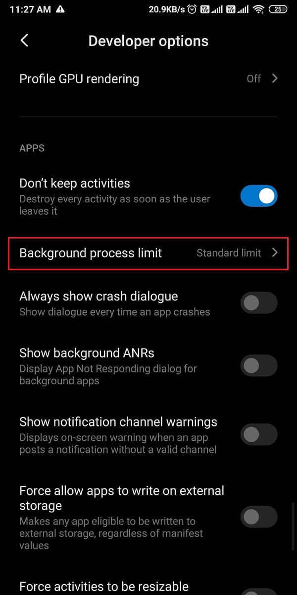 Maintenant, faites défiler vers le bas et appuyez sur la limite du processus en arrière-plan. | Comment désactiver les applications de démarrage automatique sur Android