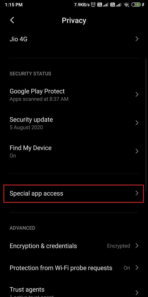 Appuyez sur l'accès spécial à l'application.