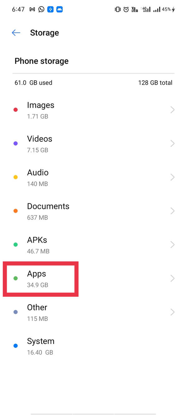 перейдите в «Хранилище», а затем нажмите «Приложения».