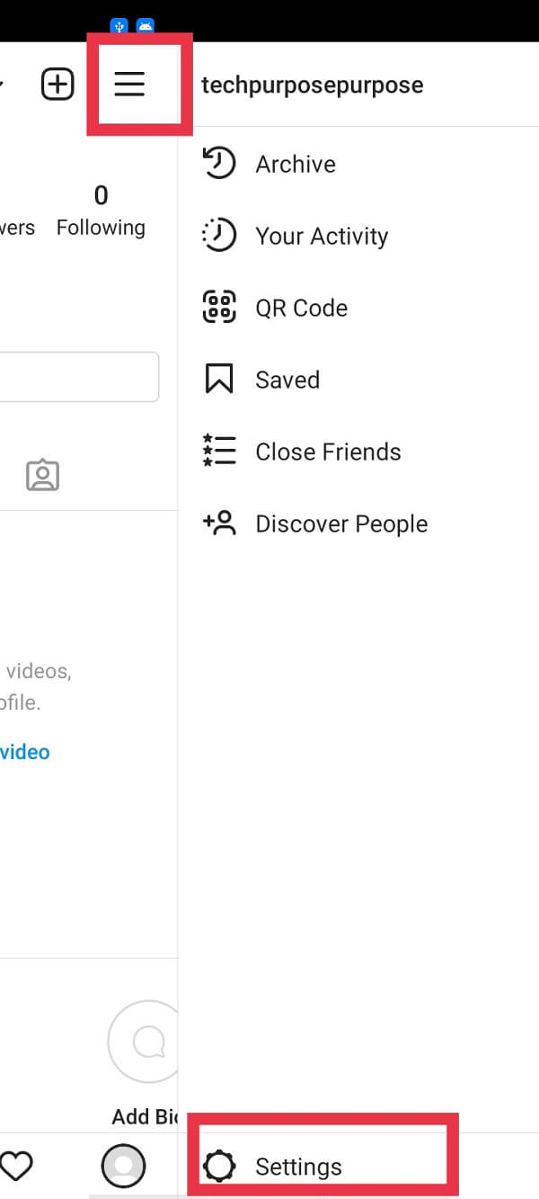 Теперь нажмите на опцию «Настройки». | Как исправить ошибку «Повторить попытку позже» в Instagram