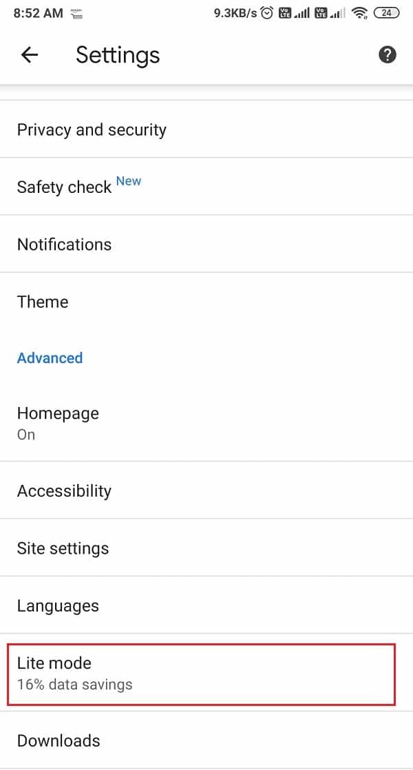 Faites défiler vers le bas et cliquez sur Mode Lite | Comment se débarrasser des publicités sur votre téléphone Android