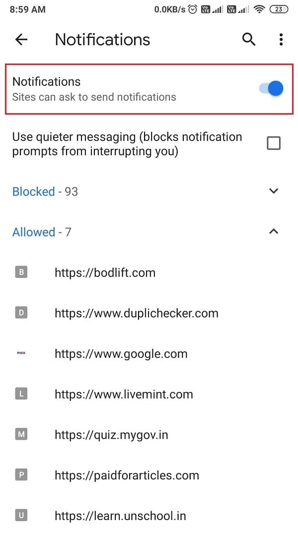 Désactivez la bascule pour la notification