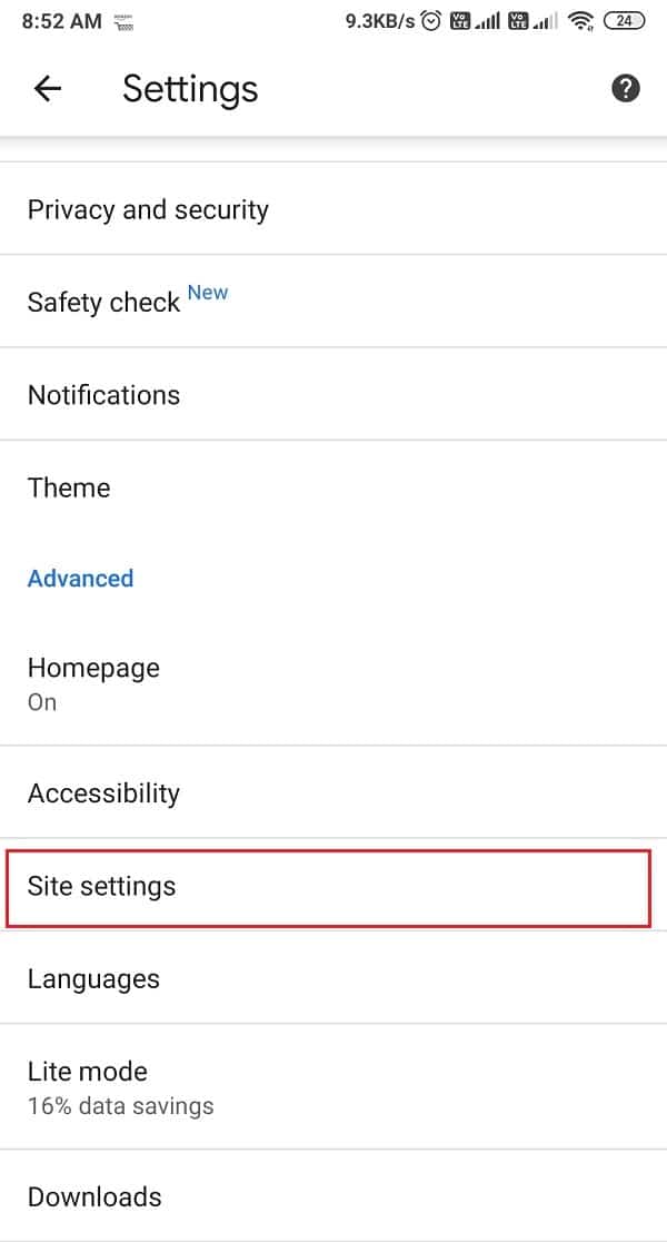 Cliquez sur les paramètres du site
