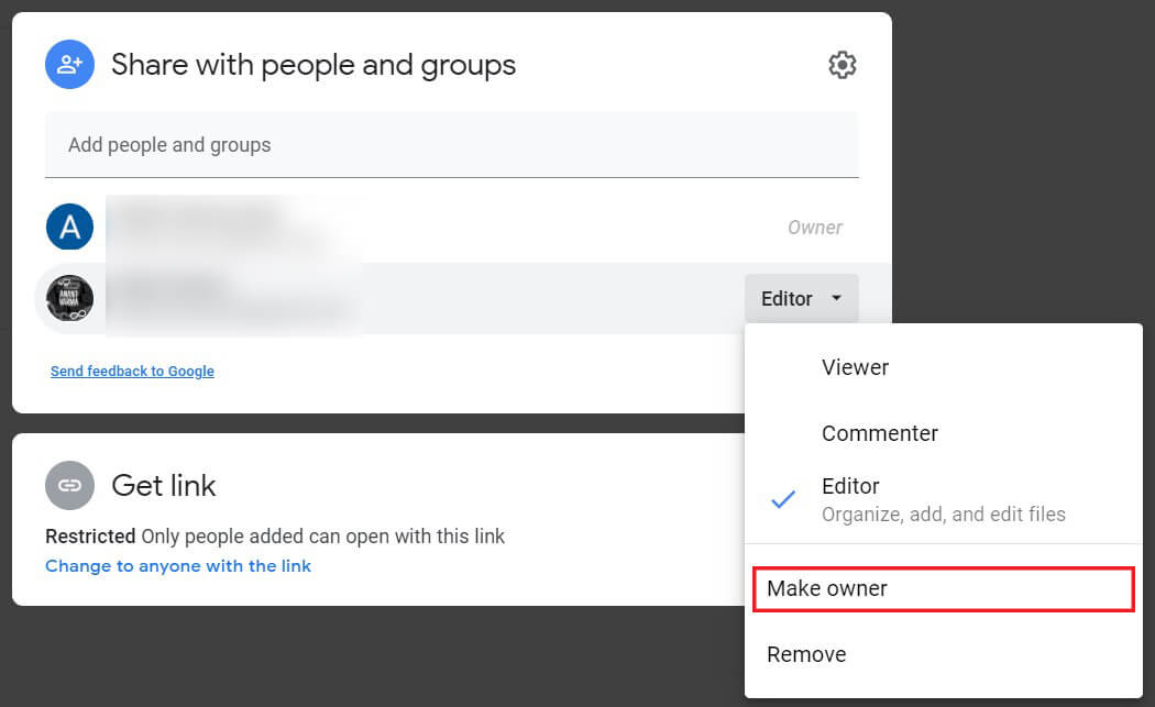 Cliquez sur Rendre propriétaire | Comment déplacer des fichiers d'un Google Drive à un autre