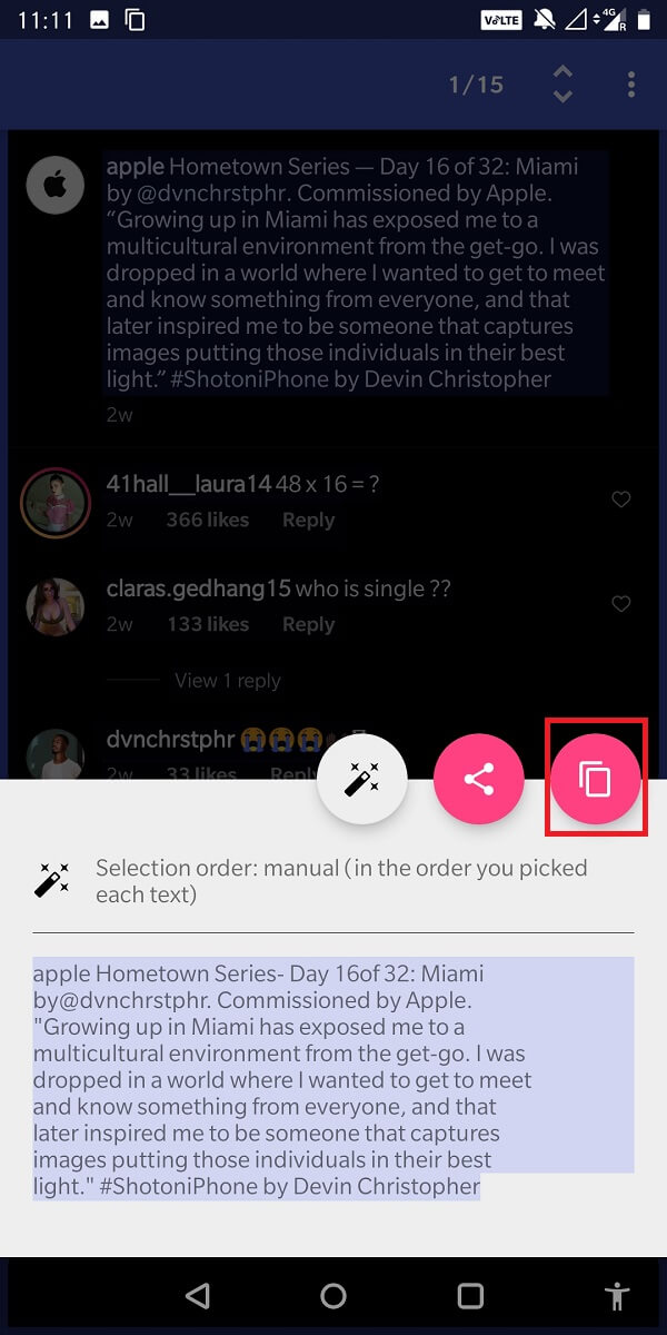 Puteți selecta legenda, comentariul sau biografia la alegere și apăsați „Copiare” din colțul din dreapta al ecranului!