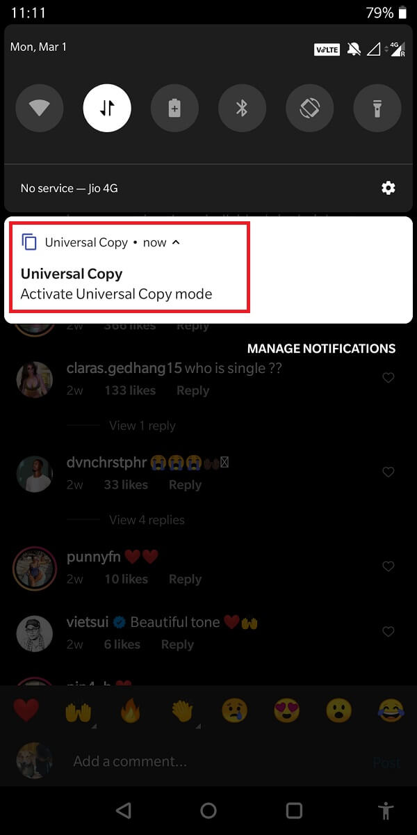 Apoi, din bara de notificări, selectați „Modul Universal Copy”. | Cum să copiați subtitrările Instagram, comentariile și biografia