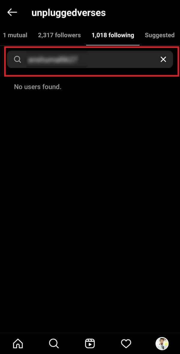Tapez votre nom d'utilisateur dans la barre de recherche | Comment voir qui vous a désabonné sur Instagram