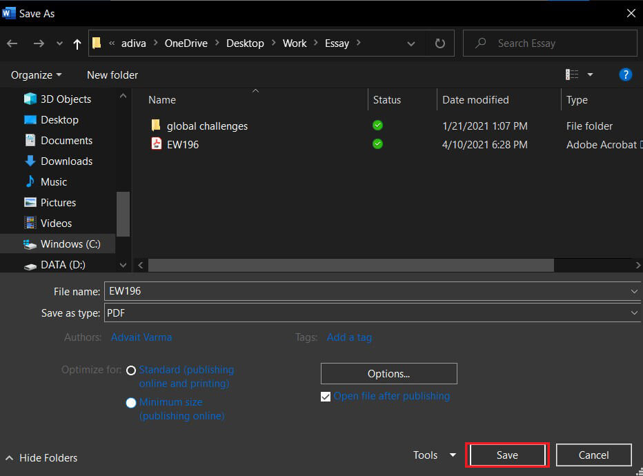 Cliquez sur Enregistrer pour convertir en PDF | Comment convertir Word en JPEG