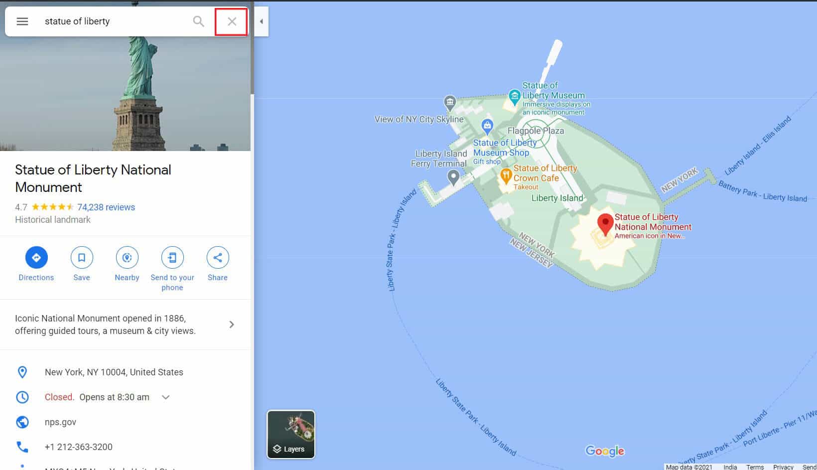 单击搜索栏上的叉号以删除 pin |如何在谷歌地图(移动和桌面)上放置图钉