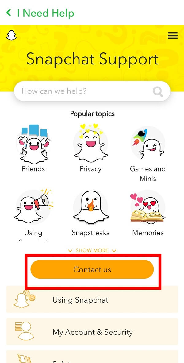 vous devez appuyer sur le bouton Contactez-nous indiqué en bas. | Comment obtenir Vérifié sur Snapchat ?