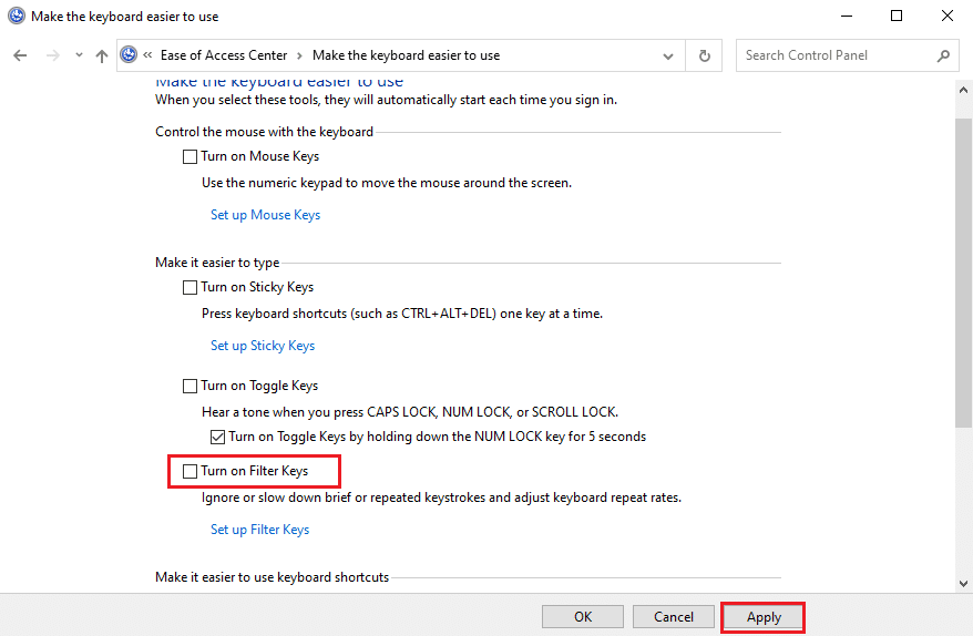 Décochez la case à côté de "Activer les filtres clés" et cliquez sur Appliquer